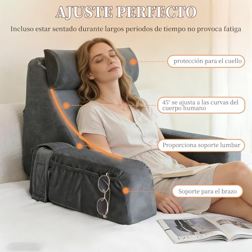 OWHDJH Respaldo para Cama con Reposabrazos y Bolsillos, Almohada de Lectura, Funda Lavable, Almohada para Espalda de Soporte Lumbar para Leer, Relajarse, Mirar Televisión, Jugar, para Adultos
