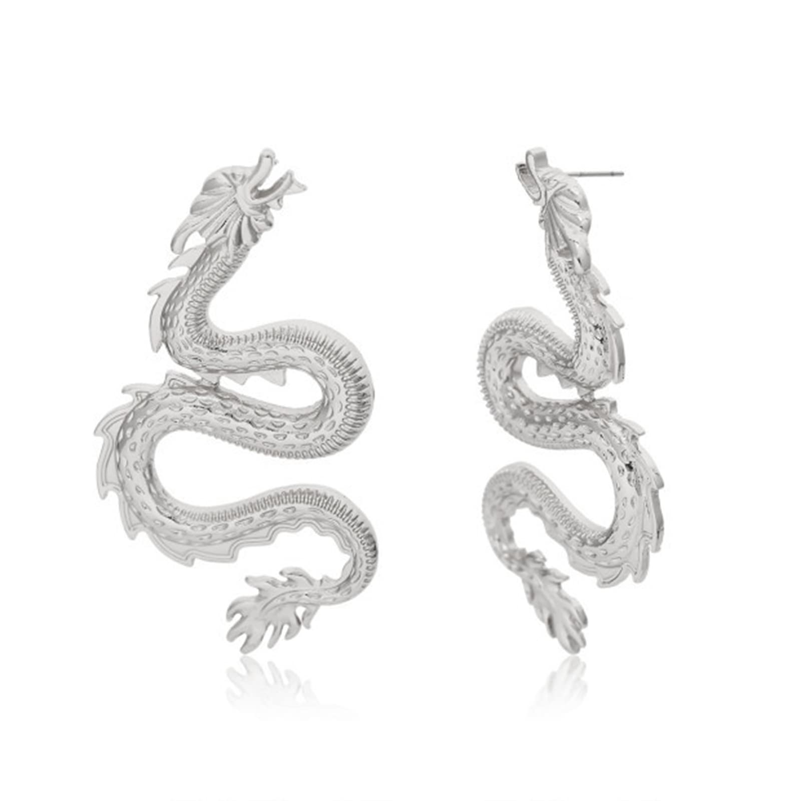 Sttiafay Silver Dragon Dangle Drop Earrings Exaggerated Long Animal Ear Stud Jewellery for Women and Men