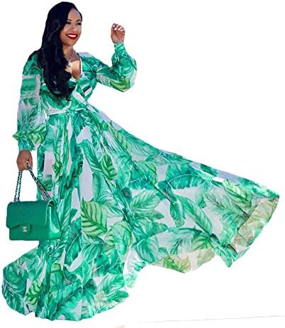 Women's Chiffon Dresses Plus Size V-Neck Stylish Printed Floral Maxi Dress with Belt Oversize S-5X