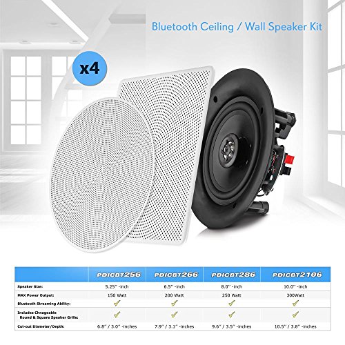 Pyle 8” 4 Bluetooth Flush Mount - In-wall In-ceiling 2-Way Speaker System Quick Connections Changeable Round/Square Grill Polypropylene Cone & Tweeter ...