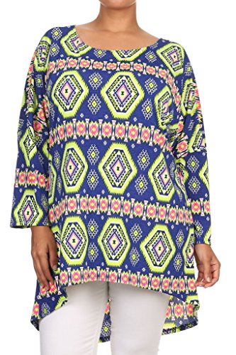 (Plus Size) Tribal Print Round Neck Long Sleeve Hi-Lo Blouse (MADE IN U.S.A)