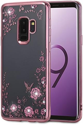 Galaxy S9 Plus Case, ZHFLY Shockproof Transparent Flowers Crystal Bumper Silicone TPU Gel Clear Bling Protective Rubber Soft Back Case Cover for Samsung Galaxy S9 Plus, Rose Gold