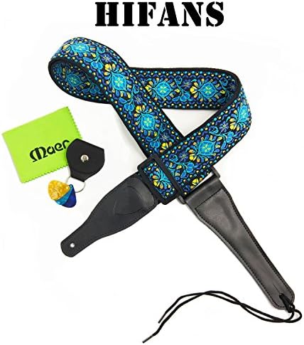 HiFans Guitar Strap Vintage Woven Jacquard with Leather Ends/ FREE BONUS - 3 Picks + Clean String Cloth + Pick Holder Case