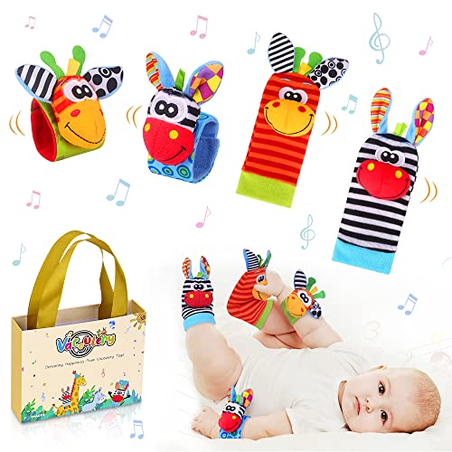 Neonato Sonagli Calzini Polso con Simpatica Confezione Regalo, 4Pcs Baby Rattle Toy Developmental Animaletti Sensoriali Giochi Regali per Maschio Neonati Femmina