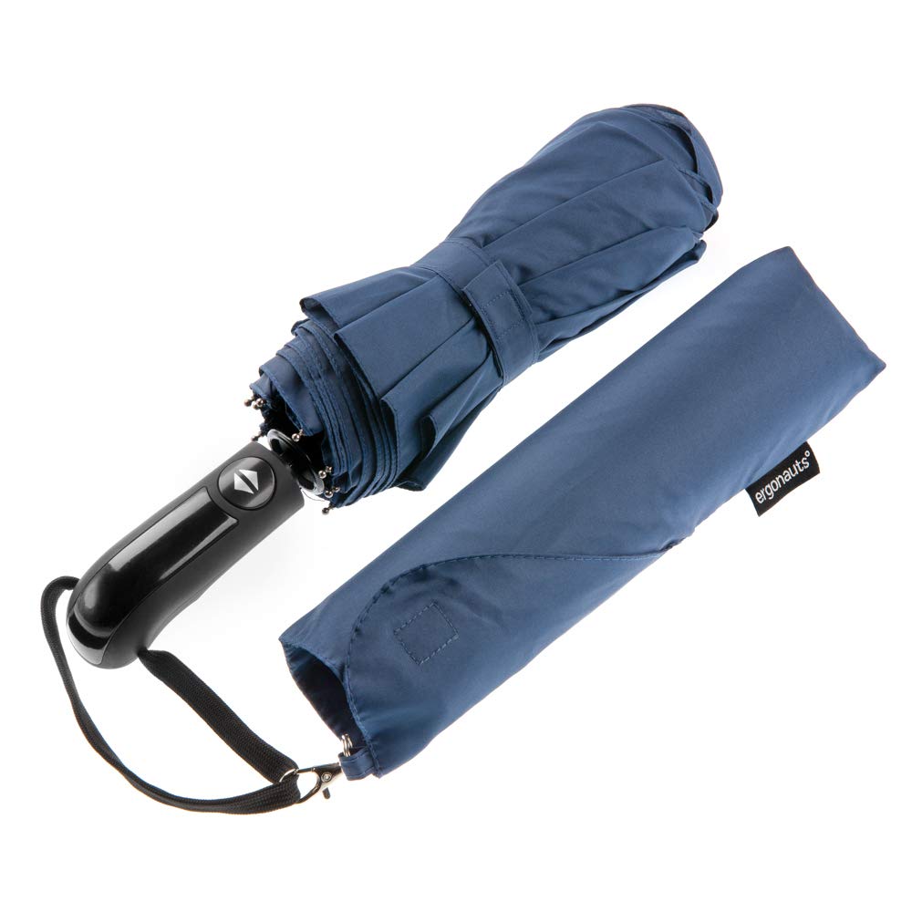 Ergonauts Windproof Vented Double Canopy Travel Umbrella – Teflon Coating, Ergonomic Handle & Protective Sleeve – Portable Compact Foldable Lightweight Design and High Wind Resistance (Navy Blue)