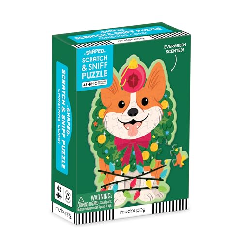 Mudpuppy Christmas Corgi – 48 Piece Mini Scratch & Sniff Puzzle with Colorful and Fun Illustrations of A Holiday Wreath Corgi and Scented Puzzle Pieces