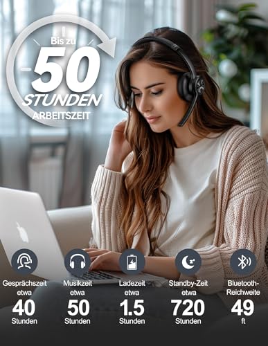 TECKNET V5.2 Bluetooth Headset with Microphone & USB Dongle Wireless Headset with Noise Cancelling and Mute Microphone On-Ear Headphones Wireless for Trucker / Call Center / Office - 50+ Hours Battery