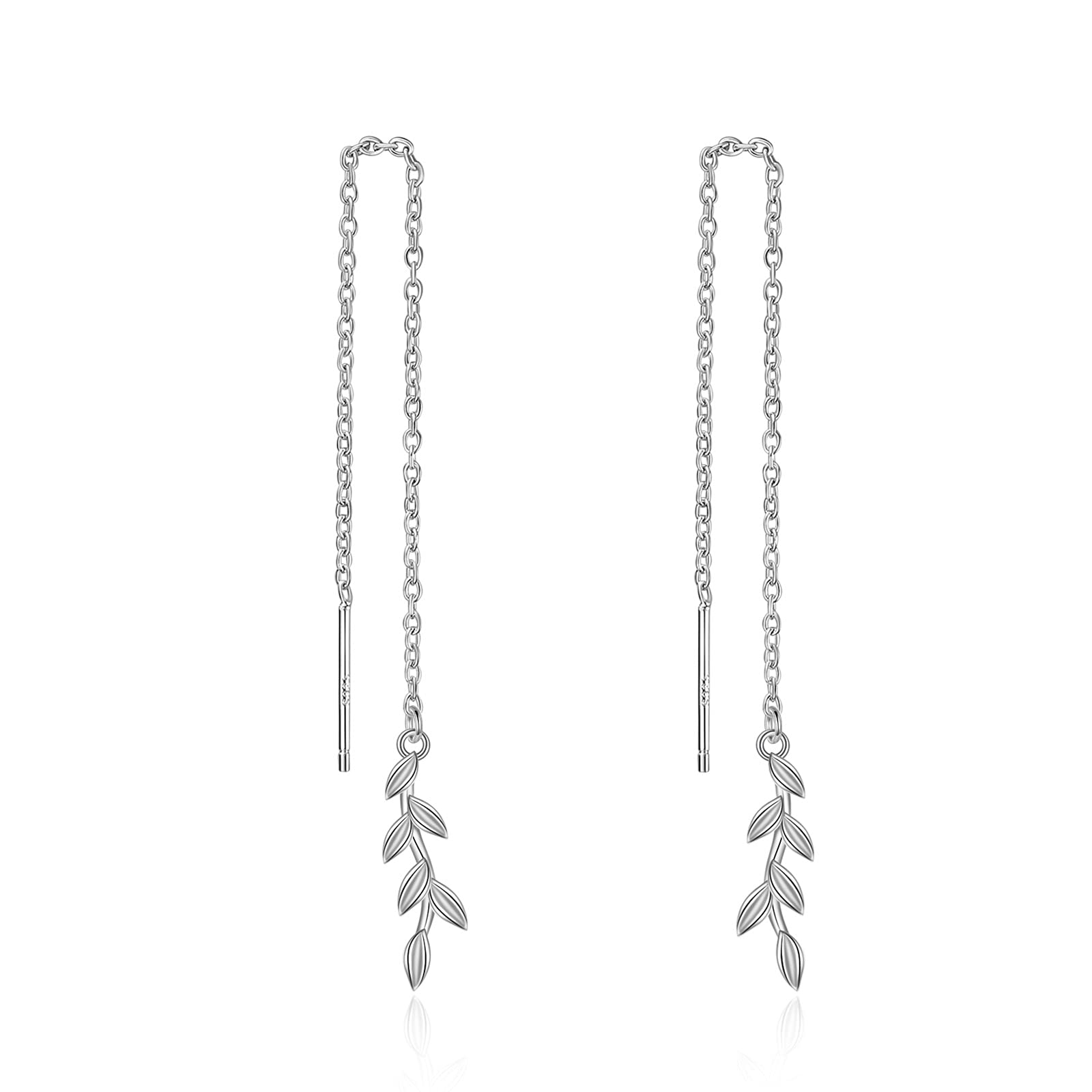 Leaf Threader Earrings for Women 925 Sterling Silver Through Long Chains Tree Leaf Dangle Drop Earrings Jewellery Gifts for Women Teens