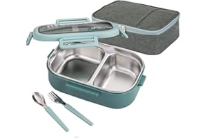 Lille Home 28oz Stainless Steel Leakproof 2-Compartment Bento Lunch Box/Portion Control Food Container with Lunch Bag and Cut