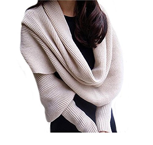 Autunm Winter Fashion Unisex Crochet Knitted Scarf Cape Shawl with Sleeves (Beige) - Thumbnail 2