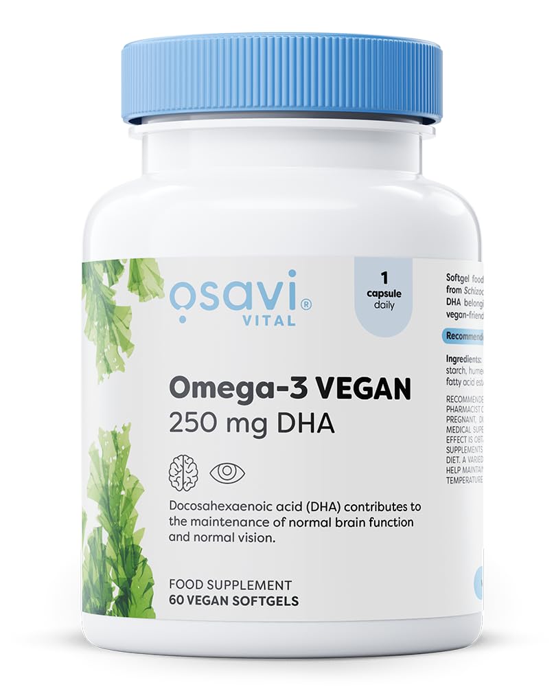 Osavi Omega–3 Vegan, 250 mg DHA – 60 Softgels | Highly Concentrated Algae Oil from Schizochytrium sp. | Supports Brain, Vision & Heart Health | Vegan–Friendly Tapioca Softgel