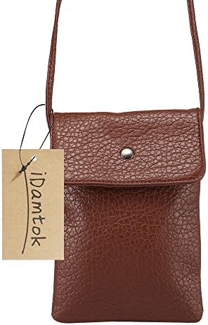 iDamtok Womens PU Leather 2 Layers Single Color Magnetic Closure Cellphone Pouch Crossbody Shoulder Bag, 6.3 inches, Coffee