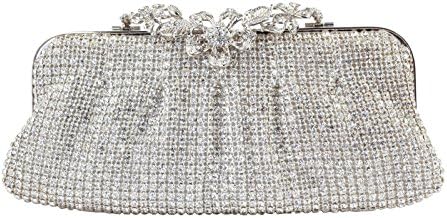 Yilongsheng Dazzling Long Square Ladies Handbags with Shiny Lined Up Rhinestones (Silver-Flower Button-2)