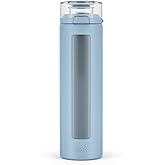 Ello Syndicate 20oz Reusable Glass Water Bottle with One-Touch Leak Proof Flip Lid, Protective Non-Slip Silicone Sleeve, Carry Loop for Coffee, Tea and Water, BPA-free, Dishwasher Safe, Tech Blue