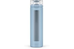 Ello Syndicate 20oz Reusable Glass Water Bottle with One-Touch Leak Proof Flip Lid, Protective Non-Slip Silicone Sleeve, Carry Loop for Coffee, Tea and Water, BPA-free, Dishwasher Safe, Tech Blue