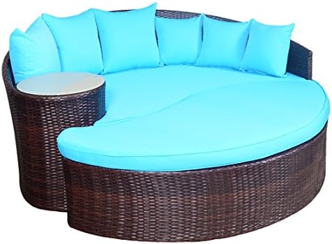 Yoto Rattan Taiji Outdoor Wicker Patio Sofa Daybed Newport Circular Sun Bed Furniture Round with Ottoman (Espresso Turquoise)