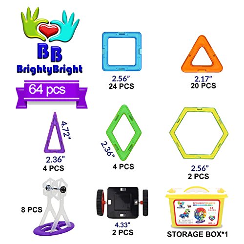 image for BrightyBright Magnetic Blocks Building Set for Kids - 64 Pc Set Intell