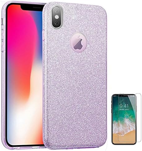 Iphone X Case Glitter Purple Sparkle Protective Bling Tpu Luxury Phone Case + Screen Protector Tempered Glass 5.8"(Purple)