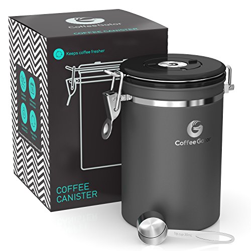 Coffee Gator Stainless Steel Container - Canister with co2 Valve, Scoop and eBook - Large, Gray