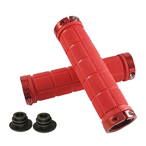DEERU Bicycle Premium Rubber Handlebar Grip Double Lock on Grip for Mountain Bike BMX Folding Bike Anti-Slip Shockproof (Red)