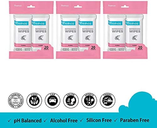 Freshca Refreshing Wet Wipes Single Sachet Men Women Hand Face Floral Fragrance pH Balanced Alcohol Paraben Silicon Free 20 Pcs (Pack of 3)