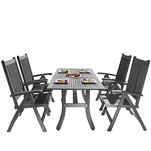 VIFAH V1300SET10 Outdoor Patio Dining Set with Reclining Chairs, Hand-Scraped Wood