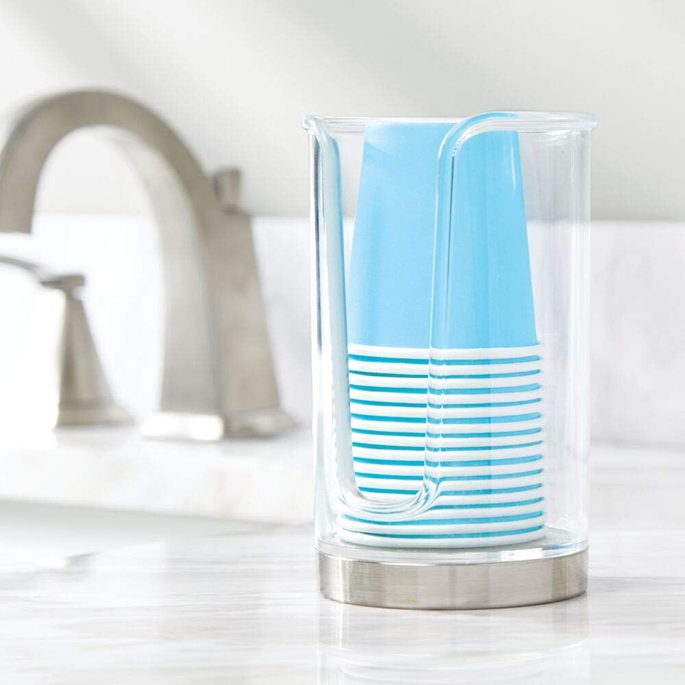 mDesign Modern Plastic Compact Small Disposable Paper Cup Dispenser - Storage Holder for Rinsing Cups on Bathroom Vanity Countertops - Clear/Brushed: Home & Kitchen