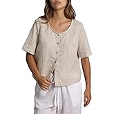 Amazhiyu Women's 100% Linen Square Neck Blouse Short Sleeve Button Down Crop Tops