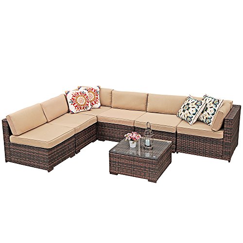 Super Patio Outdoor Furniture Sectional Sofa Set (7-Piece Set) All-Weather Brown Wicker with Bei ...