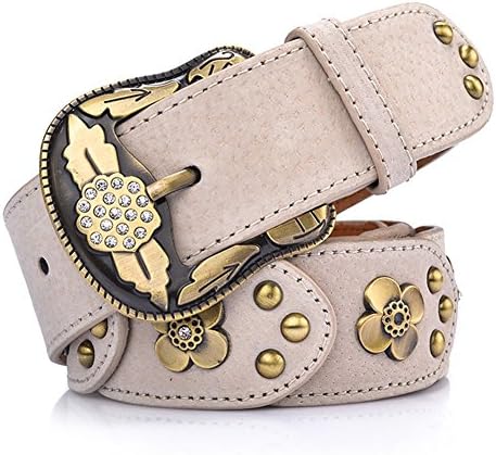YAMEZI Women's Vintage Style Rhinestone Studded Beige Pigskin Connection Widened Rivet Belt