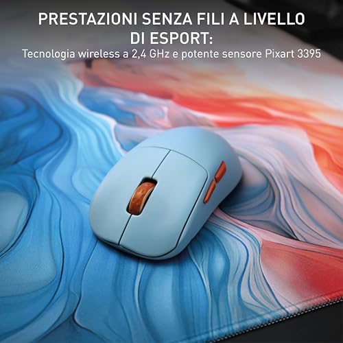 M68 Wireless, Mouse Gaming Senza Fili Ultra-Leggero, 2,4 GHz RF, Ottimizzato per eSport, Forma Simmetrica con Parte Frontale Ultra-Bassa, Blu