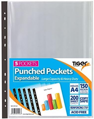 2X Pack of 25 A4 Large Expandable Plastic Poly Punch Pockets Wallet Sleeves Clear (Holds Up to 200 Sheets Each)