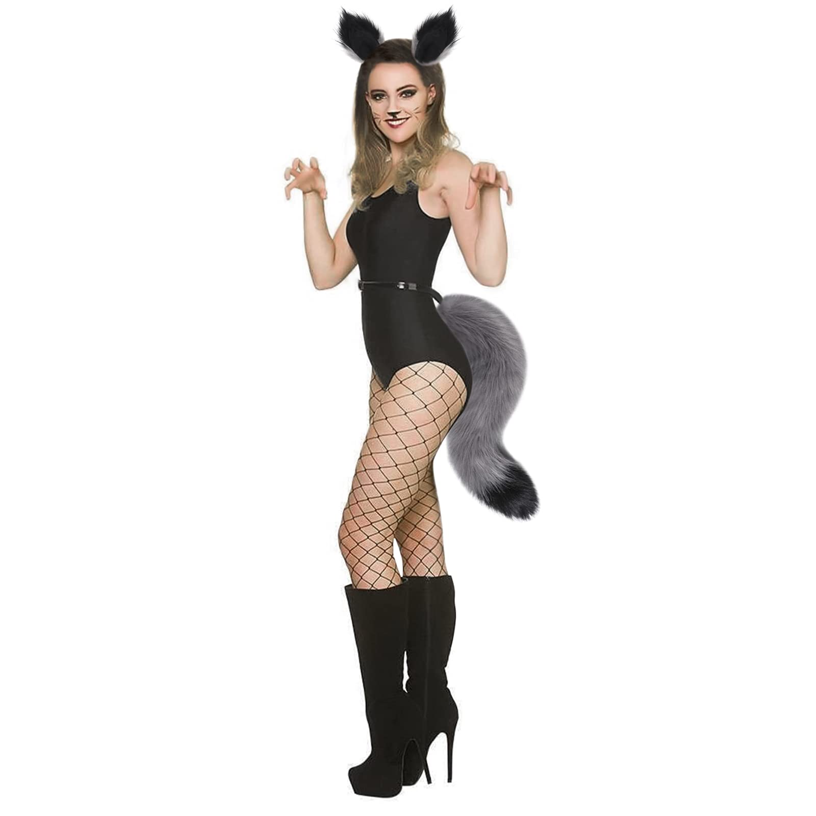YJZQ Faux Furry Fox Wolf Clip Ears And Tail Set for Adults Halloween Cosplay Party Fluffy Cat Headband Hairpin Bendable Tail Fancy Dress Accessory Costume for Women Men (Black and Grey)
