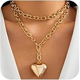 Douxsu Trendy Chunky Gold Big Heart Necklaces Long Thick Chain Choker for Women, Charm Silver Large Love Heart Pendant Necklace Statement Jewelry Accessories