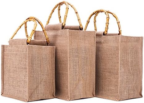 LINJING Fashion Hand Bag with Bamboo Handle,Linen Handbag Storage Shopping Bag Burlap Tote gift bags