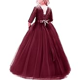 Flower Girls 3/4 Sleeve Deep V-Back Tulle Vintage Lace Wedding Party Long Dress Princess Communion Pageant Maxi Gown