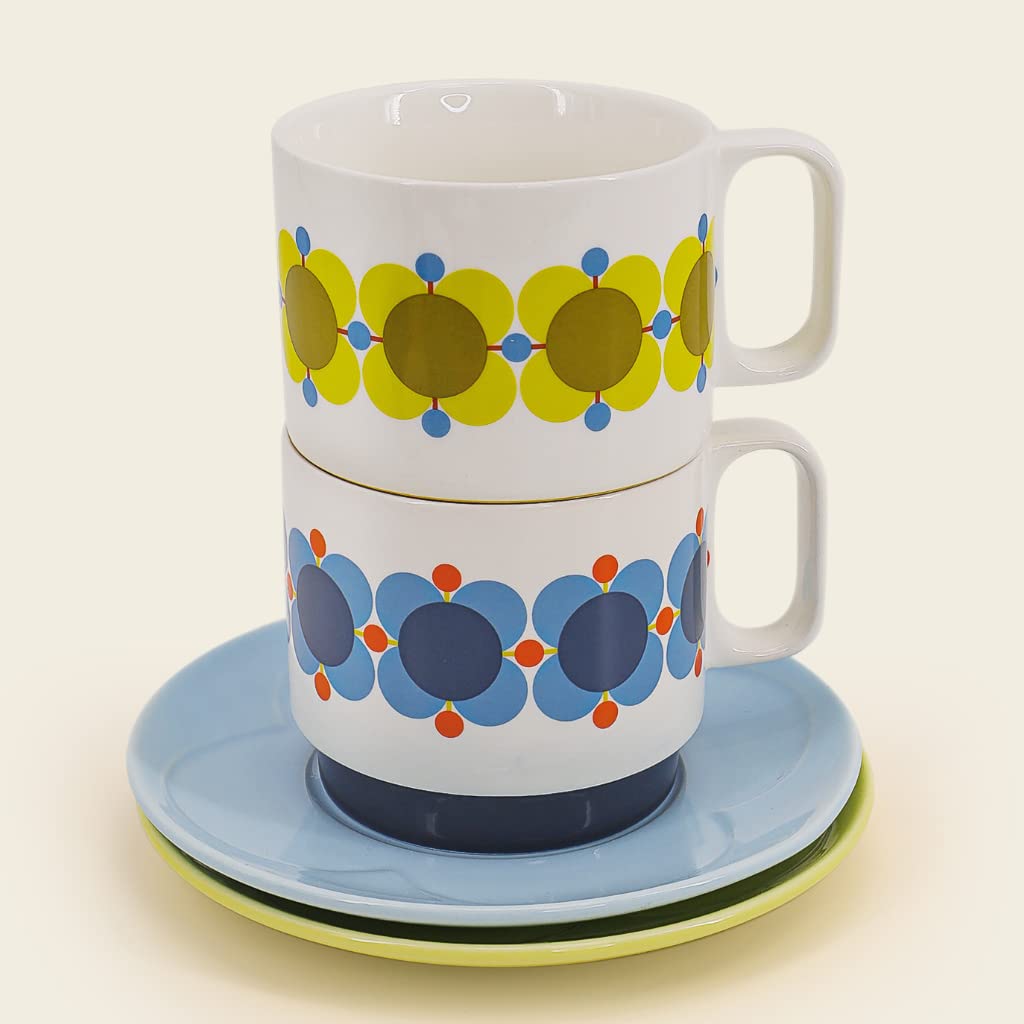 Orla Kiely Set of 2 Tea Cup & Saucer Set Atomic Flower Sky / Sunflower