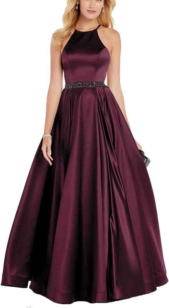 Women's Halter Prom Dresses with Pockets Long Satin Crystal Evening Formal Gown O38PM