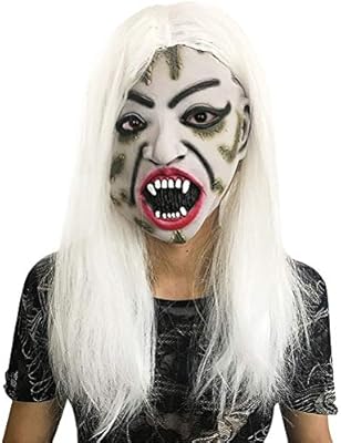 Latex White Hair Witch Halloween Mask Scary Fake Hair Full Face