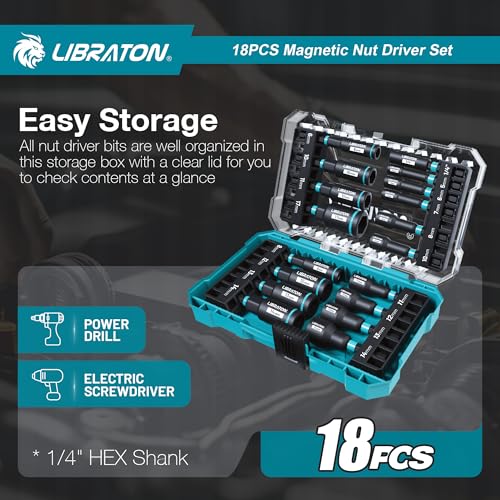 LIBRATON 18-Piece Magnetic Socket Impact Drivers, Deep Socket, Metric Nut Drivers, 5-14mm Sockets and Deep 6-17mm, Bit Holder, Storage Box