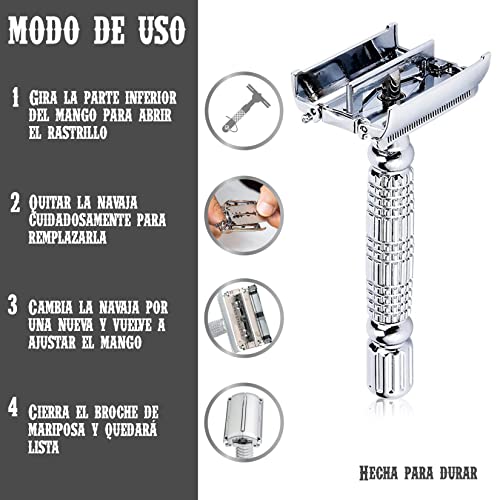 Mamba Shave Rastrillo para Afeitar Sleek Razor de Acero Inoxidable con 5 Navajas doble filo y Estuche con Espejo. Rastrillo de Doble Filo. Rastrillo de Seguridad. Rastrillo Mariposa. Safety Razor