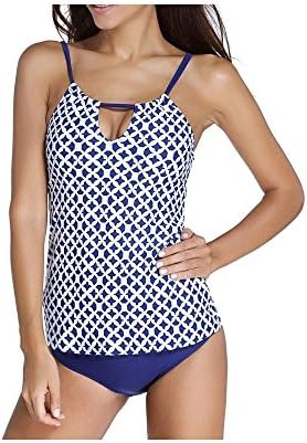 AISUVOLVO Women Banded Printed Strip Tankini with Triangle Briefs Swimsuits Swimwear Two Pieces Bikini Set (18-20(Tag XXXL), Blue)