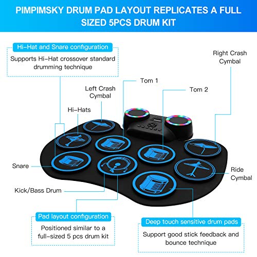 Pimpimsky Electronic Drum Set, Portable Roll-Up Drum Practice Pad, 9 Drum Pads 2 Pedals, Built-in Stereo Speakers with LED Lights Bluetooth MIDI, Great Birthday Festival Gift for Kids Beginners