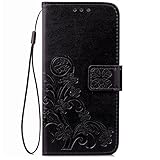 Samsung Galaxy J7 2017 Wallet Case,J7 V,J7 Perx,J7 Prime,J7 Sky Pro,Flower Embossed [Wrist Strap] [Credit Card Holder] Leather Wallet Flip Protective Case Cover for Samsung Galaxy J7 2017 (Black)