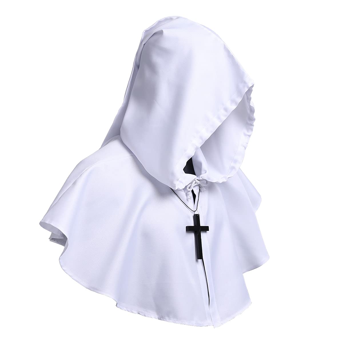 COSDREAMER Medieval Hooded Cowl Cross Necklace Halloween Cloak for Demon Witch Wizard Cosplay (White) — image 1