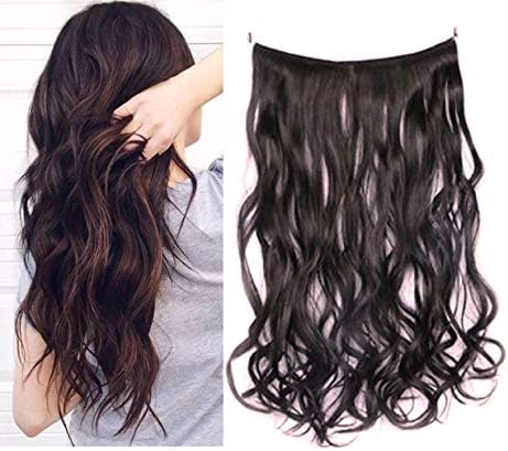Wizme Secret Hidden Wire Crown Headband No Clip in Natural Synthetic Curly Hair Extensions Pieces for Women (Dark Brown 20-22 inch) Pack Of 1