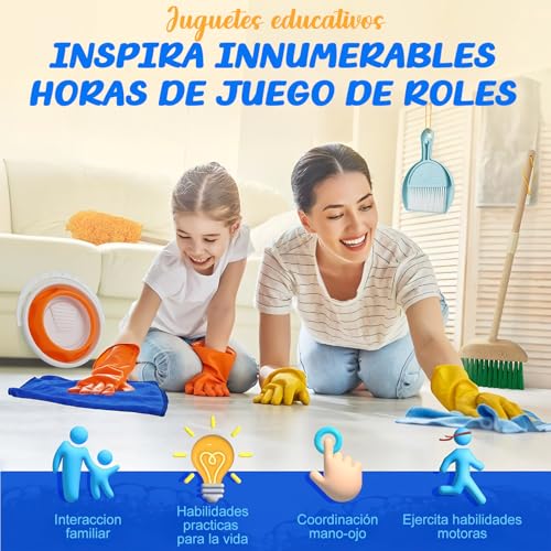 WEAGP Juego de Limpieza para Niños, 6 Piezas Set de Limpieza para Niñas Desmontables con Fregona Cepillo Escoba Recogedor Balde y Soporte Organizador, Regalo Juguetes de rol para Niñas Niños