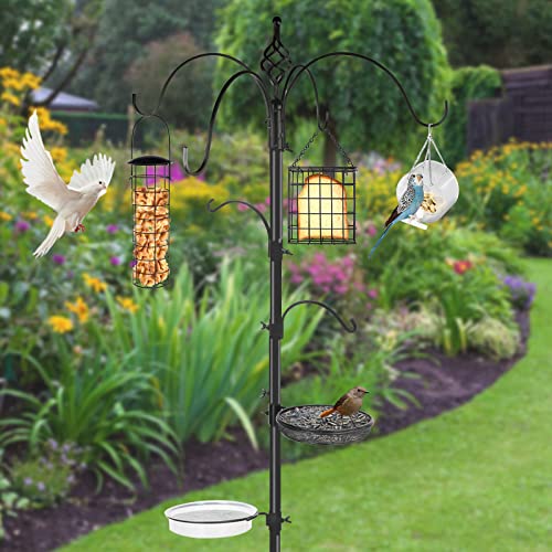 Bird Feeding Station Kit, 6-Hook Bird Feeder Stand, Bird Feeder Pole with 3 Bird Feeders and Mesh Tray and Bath Tray, Upgraded 5-Prong Base Bird Feeders for Outdoors Hanging, 89\