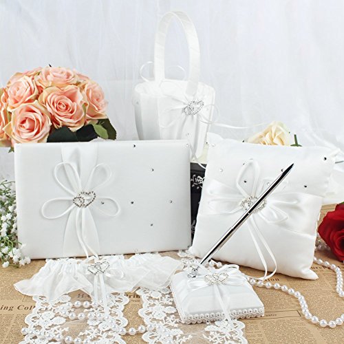 KANECH 5pcs Sets-Ivory Satin-Wedding Flower Girl Basket and Ring Bearer Pillow Set (Ring Pillow + Flower Girl Basket + Wedding Guest Book +Pen Set + Garter Cover)