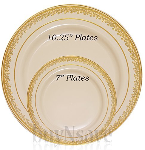 buyNsave Cream with Gold Heavyweight Plastic Elegant Disposable Plates, Wedding Party Elegant Dinnerware, Prestige Collection (35, 7" Dessert Salad Plates)